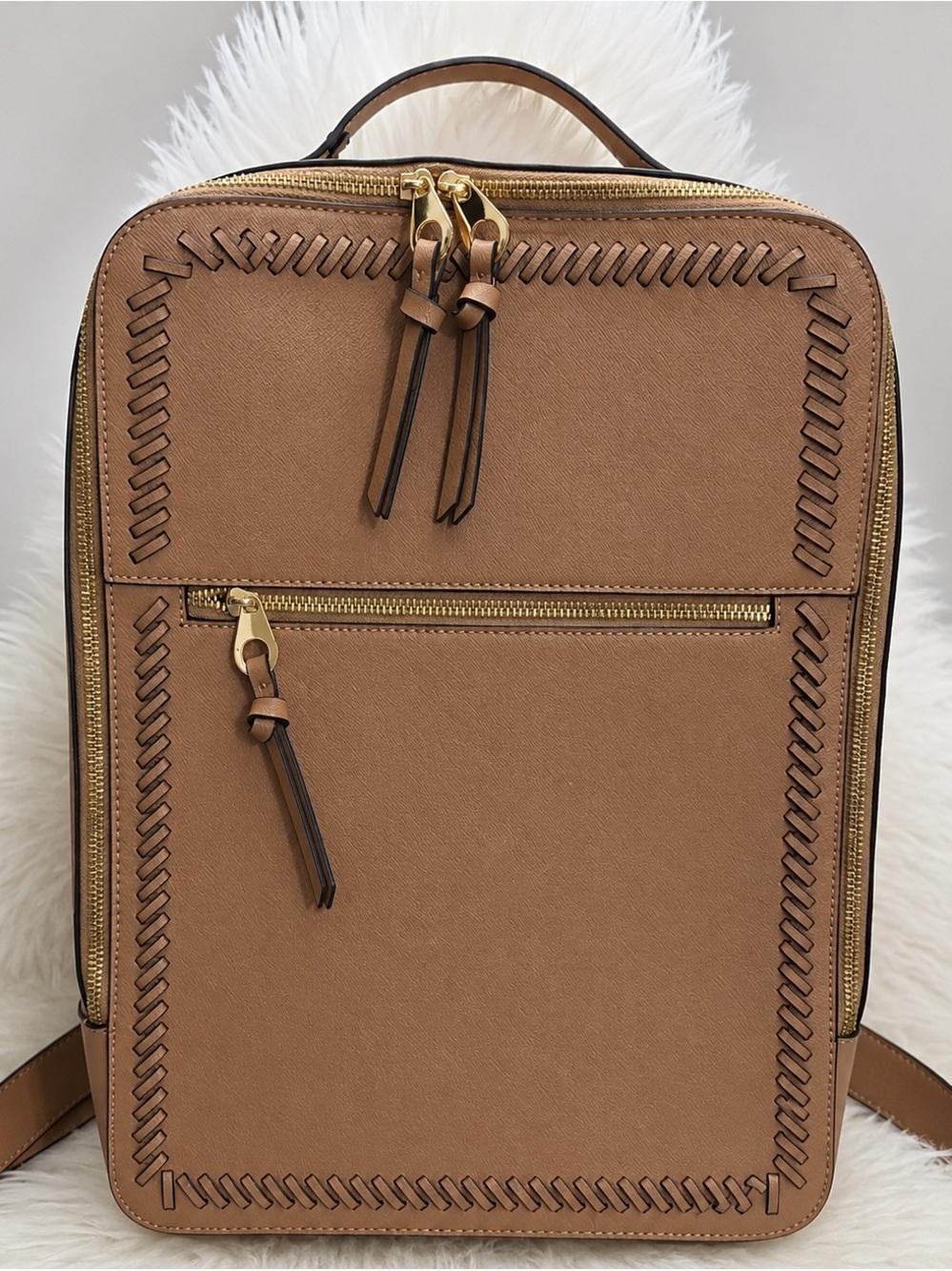 Calpak Tan Faux-Leather Backpack with Whipstitch Trim